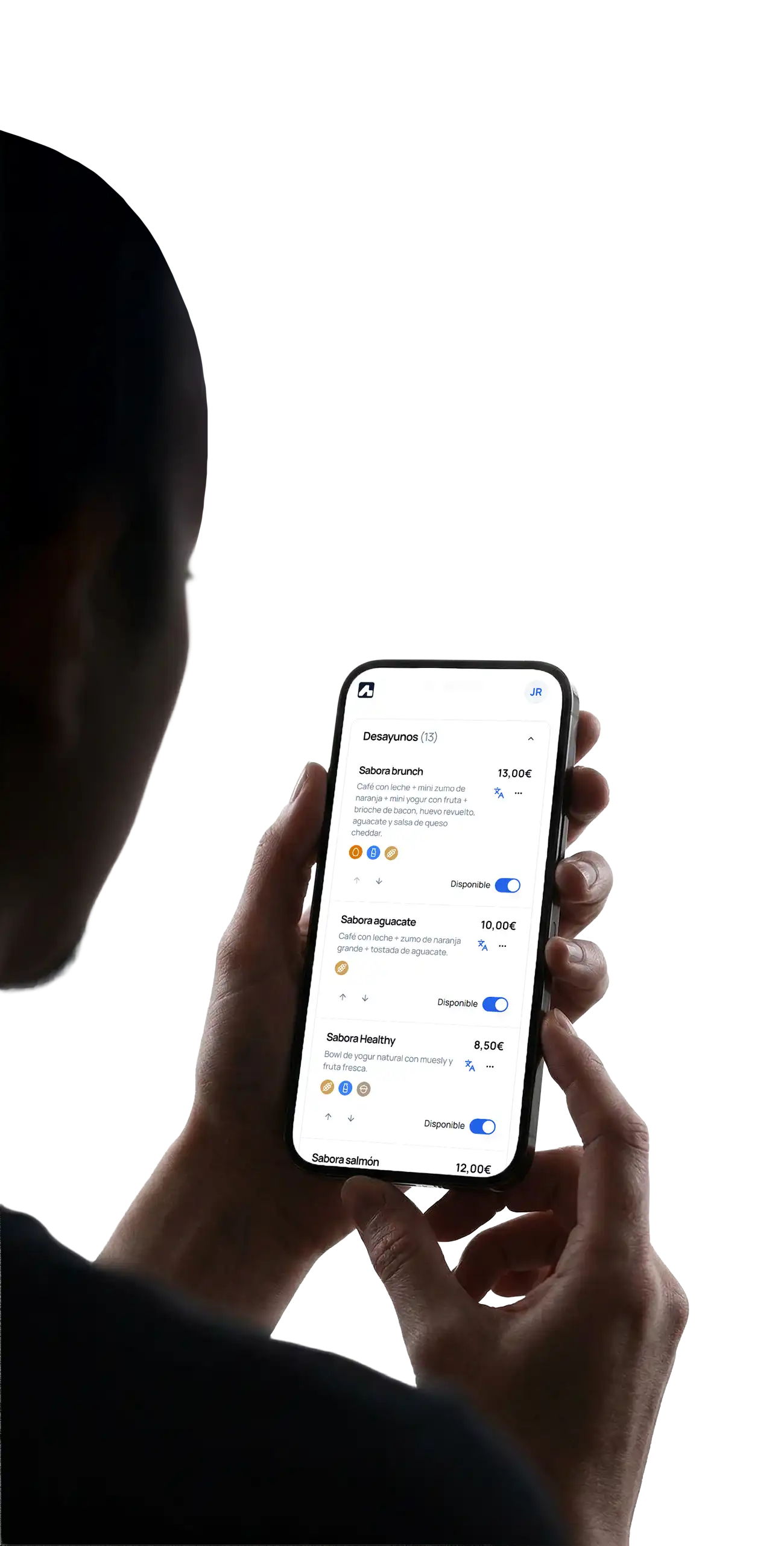 Panel de gestión de carta digital con categorías, platos, precios y alérgenos para hostelería