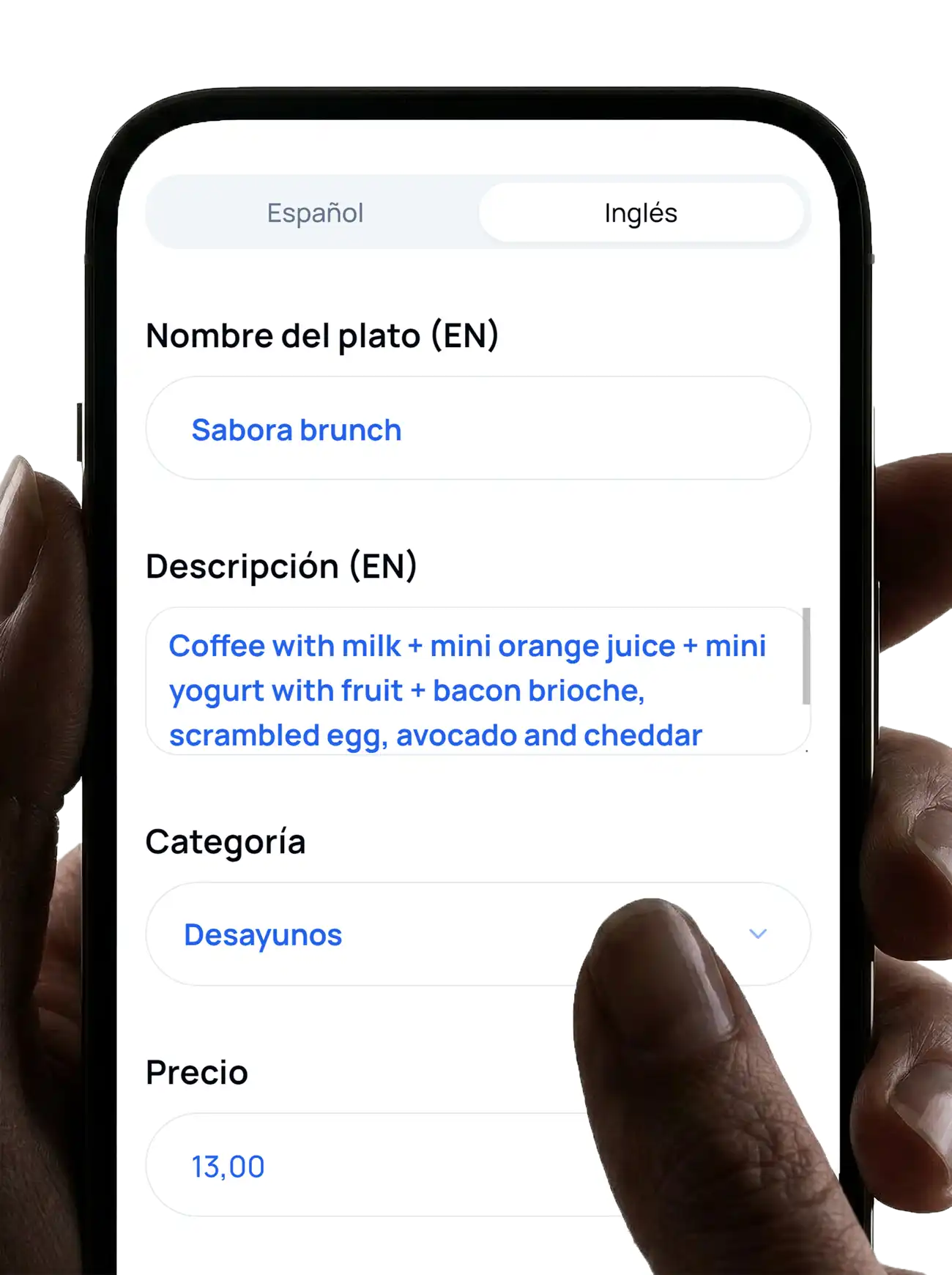 Traducción automática de la carta del restaurante al inglés para turistas y clientes internacionales
