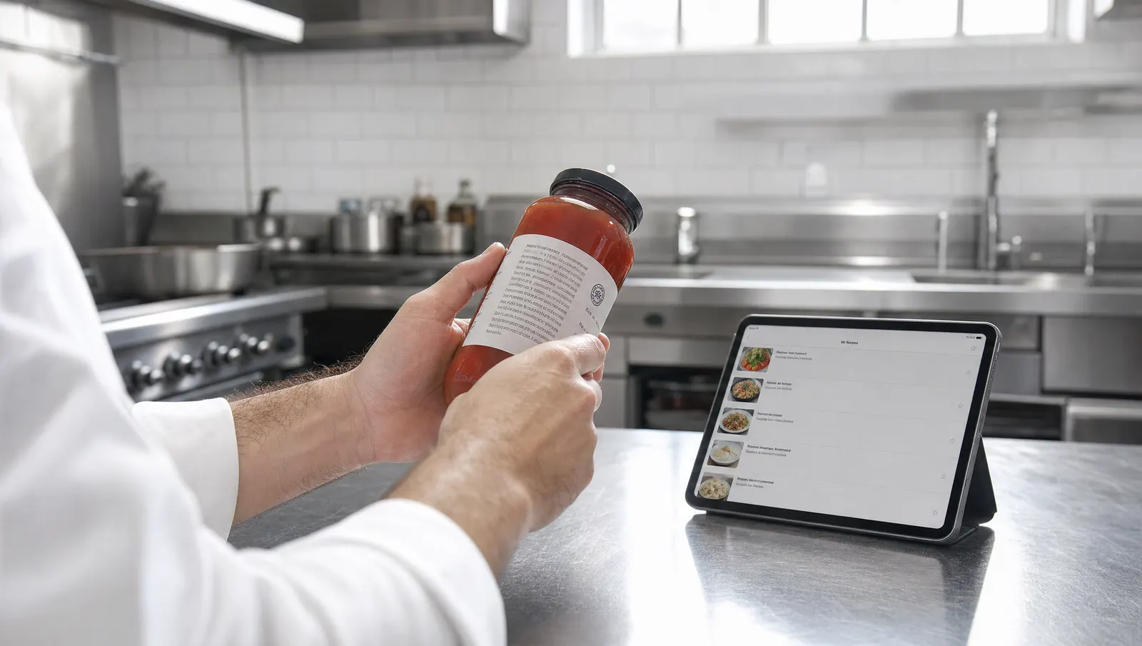 Cocinero leyendo la etiqueta de ingredientes de una salsa junto a una tablet con la lista de platos