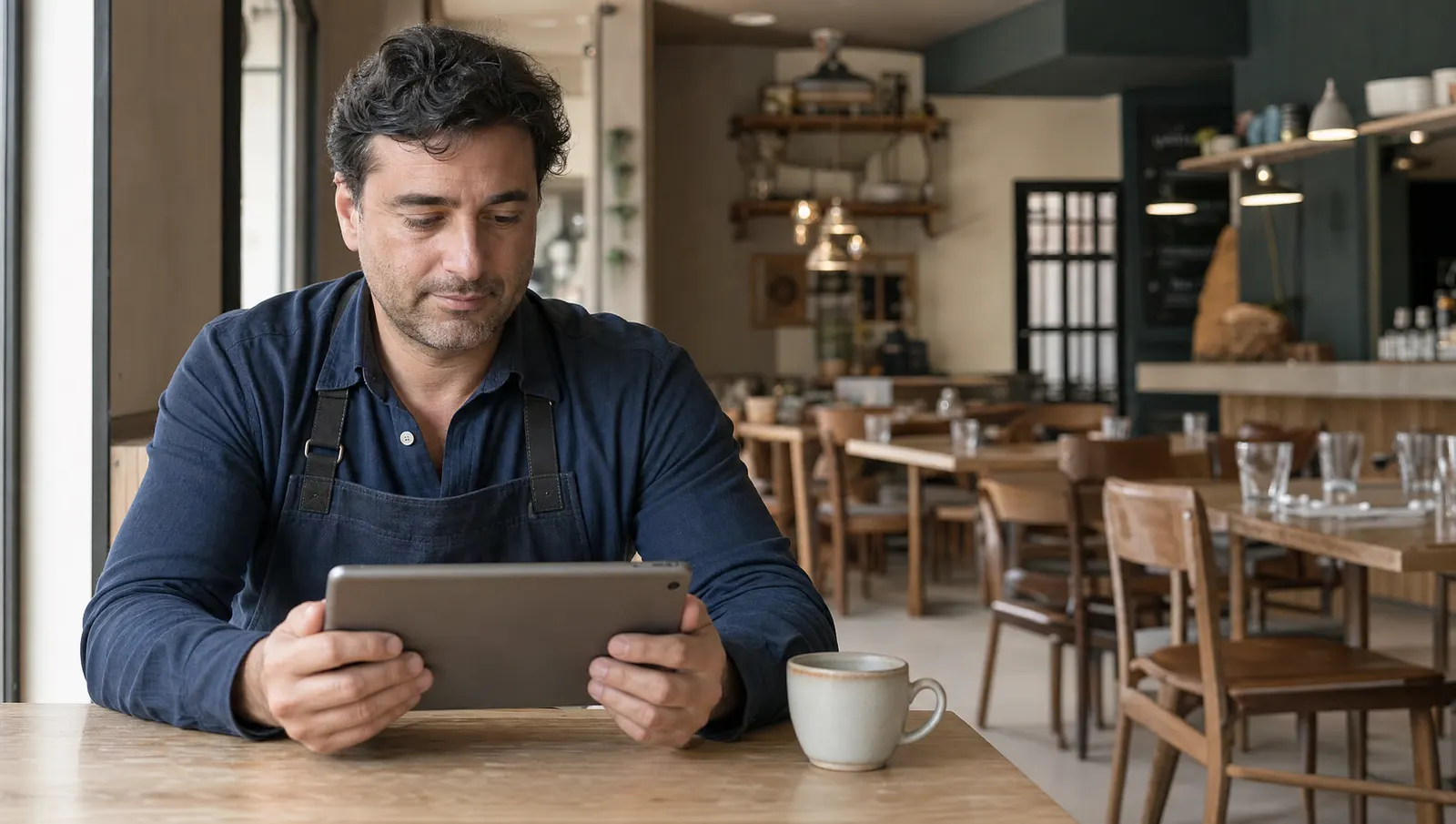 Dueño de un restaurante revisando tranquilamente la carta digital en una tablet antes del servicio