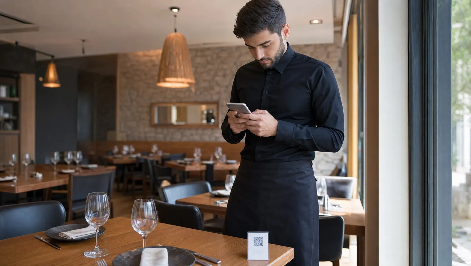 Camarero consultando el móvil junto a una mesa con un cartel de código QR