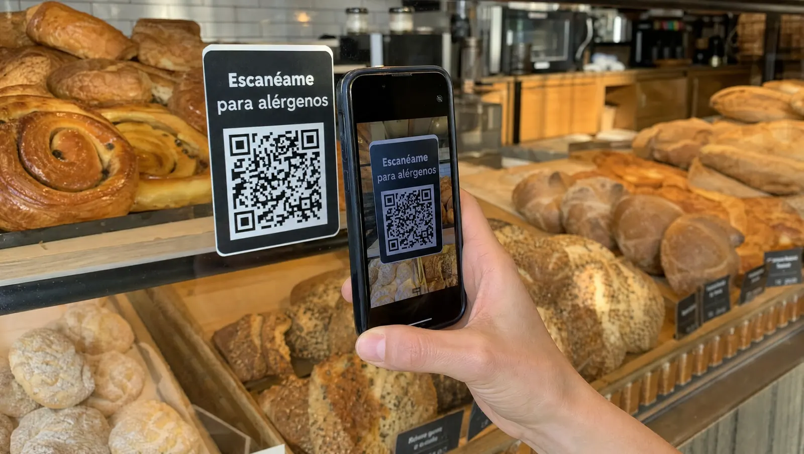 Cliente escaneando con el móvil el código QR pegado en la vitrina de una panadería