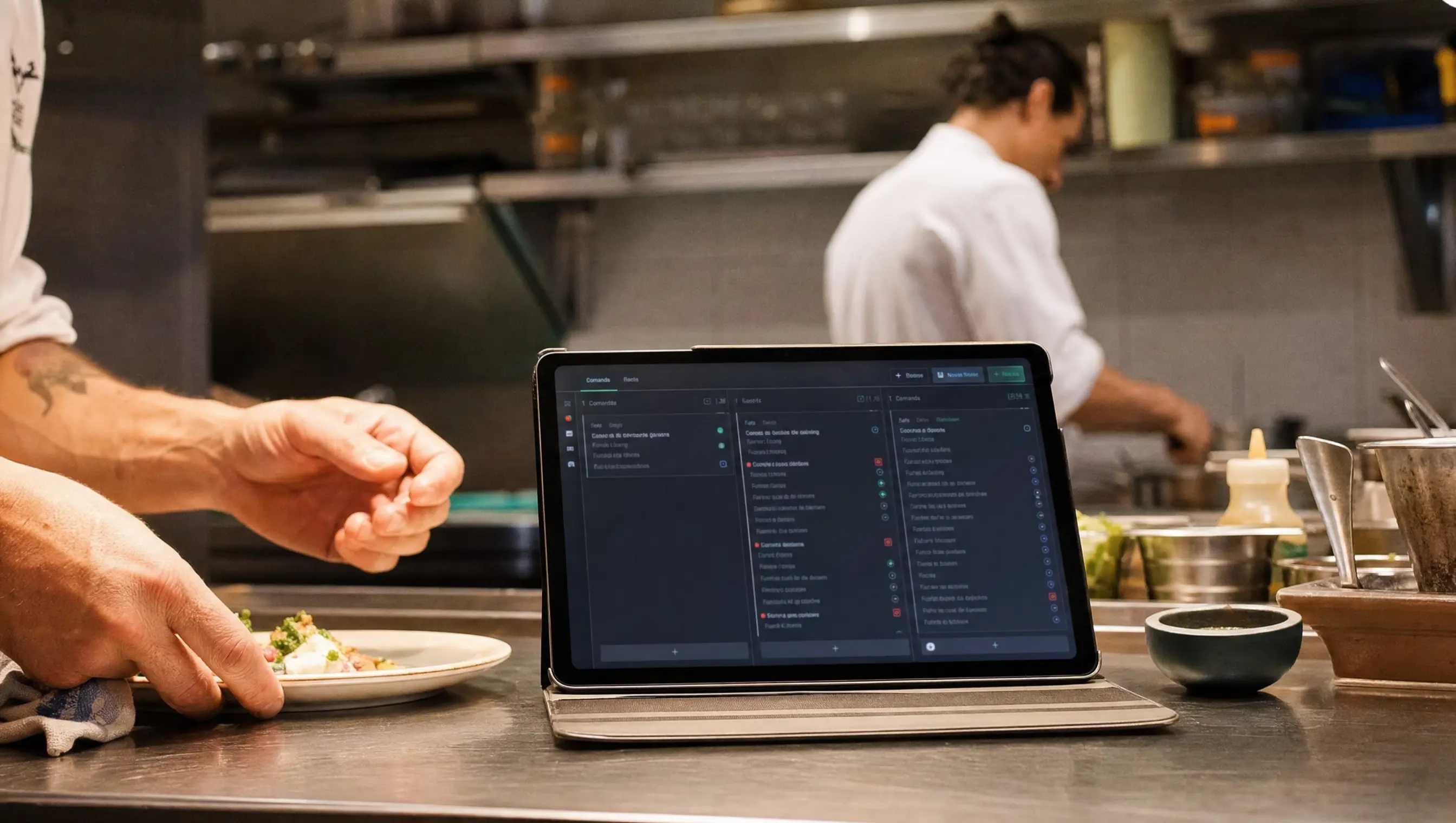 Una tablet con la aplicación de gestión apoyada en el pase de una cocina durante el servicio