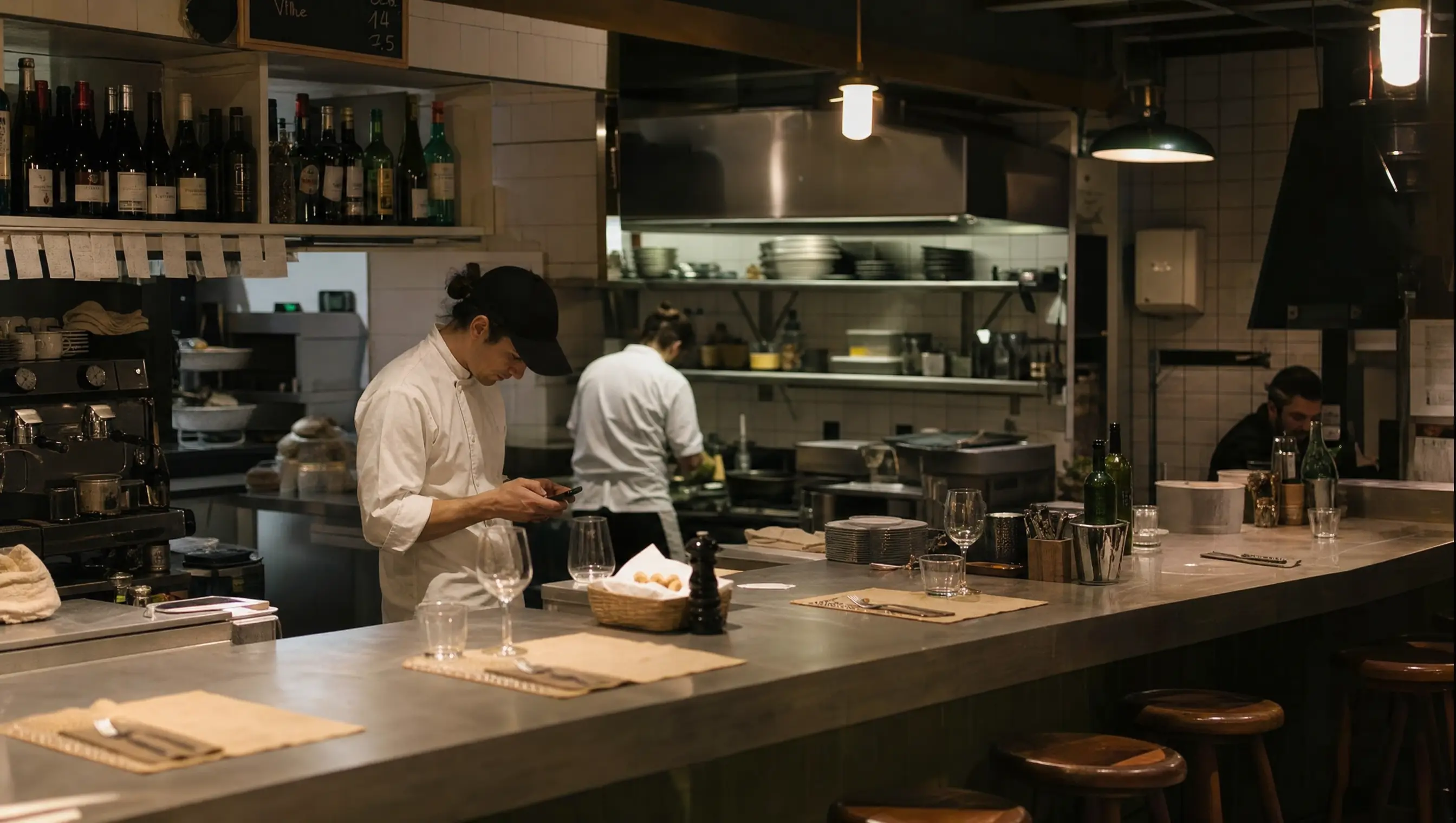 Interior de un restaurante pequeño antes de abrir, con una persona terminando de preparar el turno